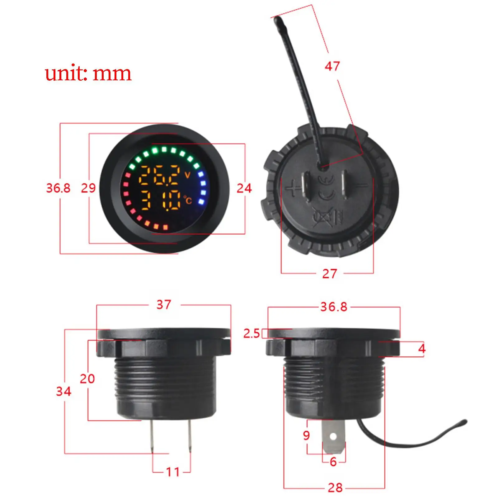 Voltmeter Car Temperature Gauge Digital Display Thermometer Detector Waterproof Panel Anti Vibration Suitable for Automobile