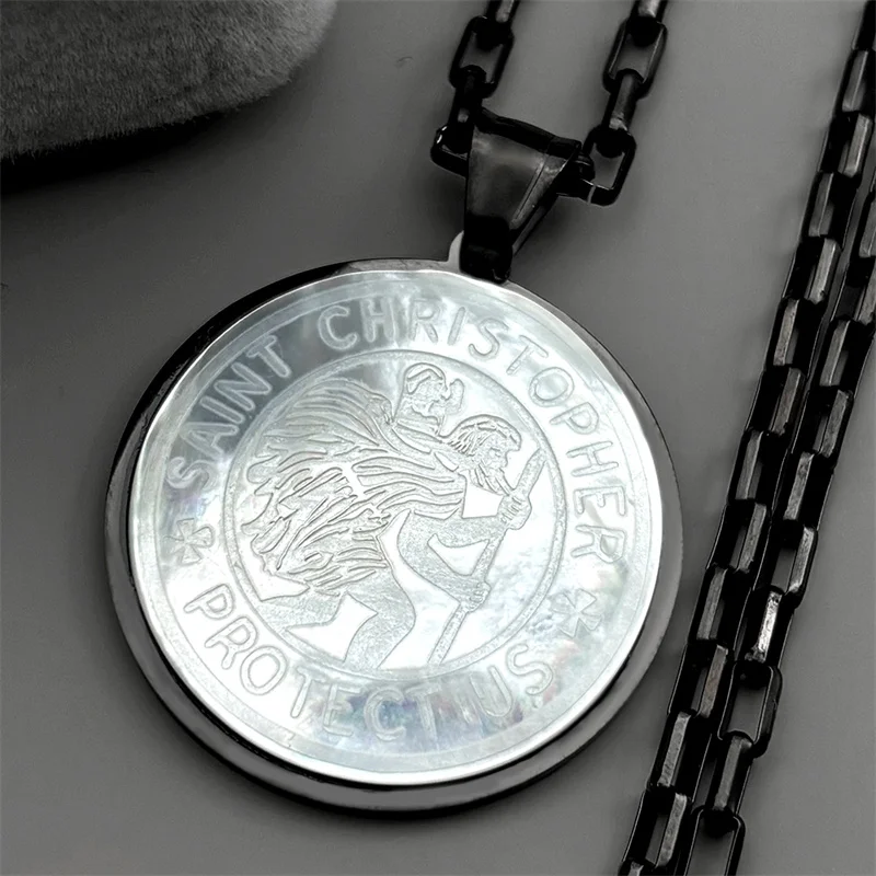 

Saint Christopher Protect Us Pendant Necklace For Women Men Stainless Steel Shell Catholic Religion Amulet Faith Chain Jewelry