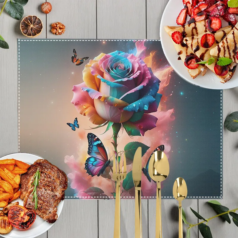 Watercolor Painting Rose Print Table Mats for Dining Colorful Roses Coffee Cup Coaster Linen Placemat Kitchen Accessories Dish