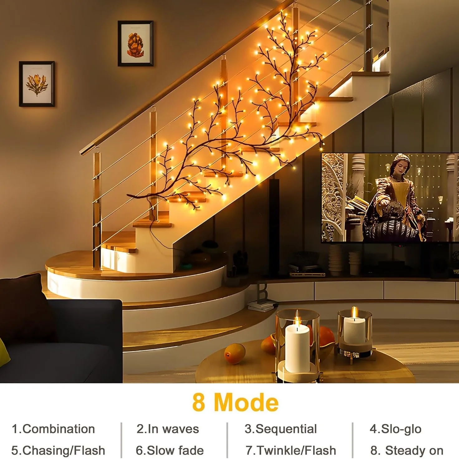 Lampu suasana anggur dapat ditekuk DIY cantik 96LED, sempurna untuk dekorasi liburan, 8 mode, bertenaga USB, dan Remote Control