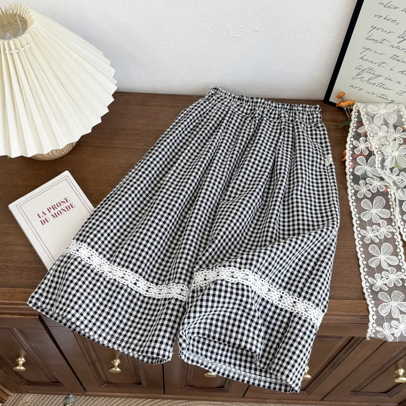 Girls' Summer Spring and Autumn Clothes Girls' Thin Wide Leg Pants Checkered Fashion and All-match Kids Outwear Pants