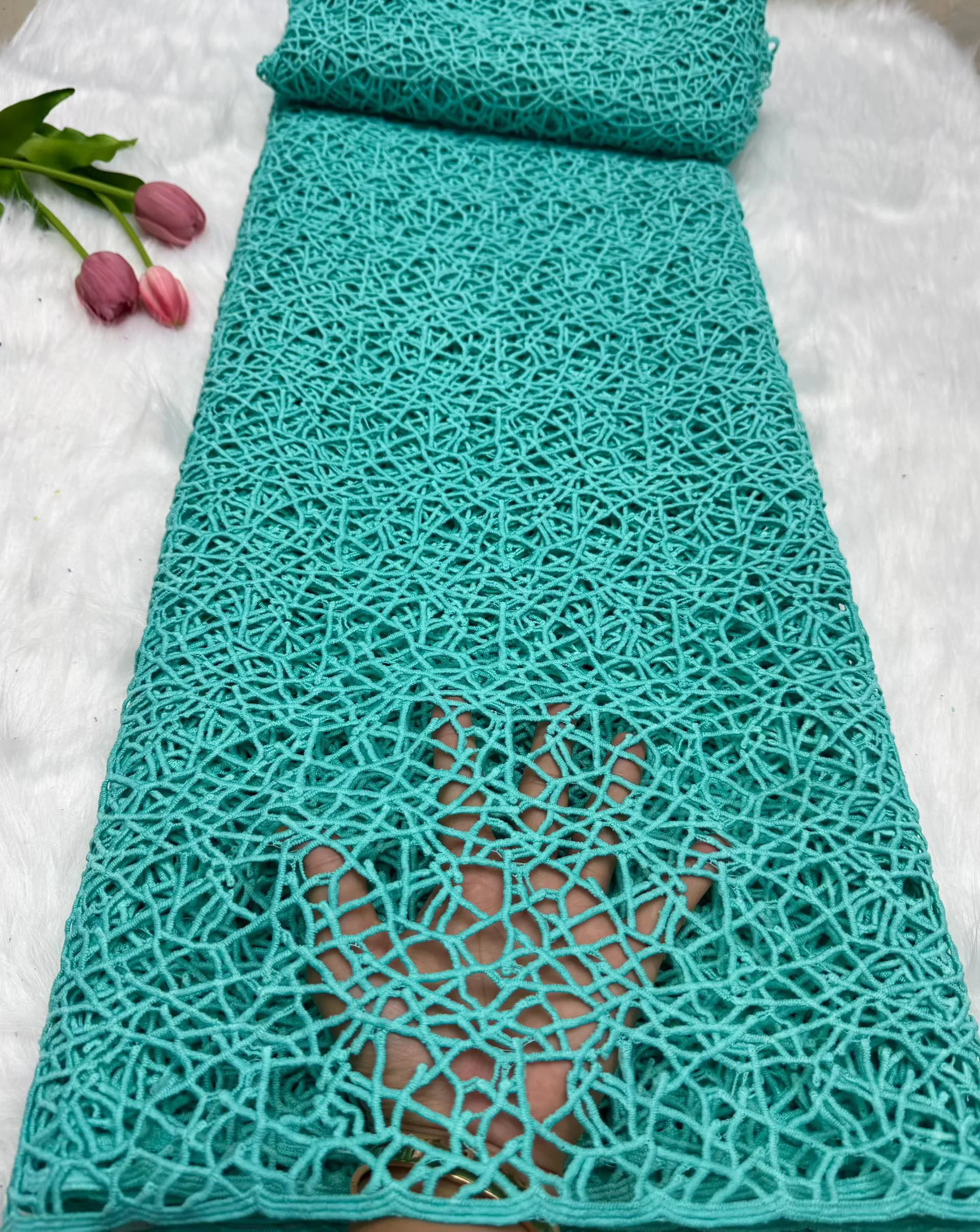

2025 High-Quality AfricaN Nigerian Stones Cuipure Embroidery Cord Lace Fabric Tulle For Wedding Party Dress Chiffon 5 Yard H10-1