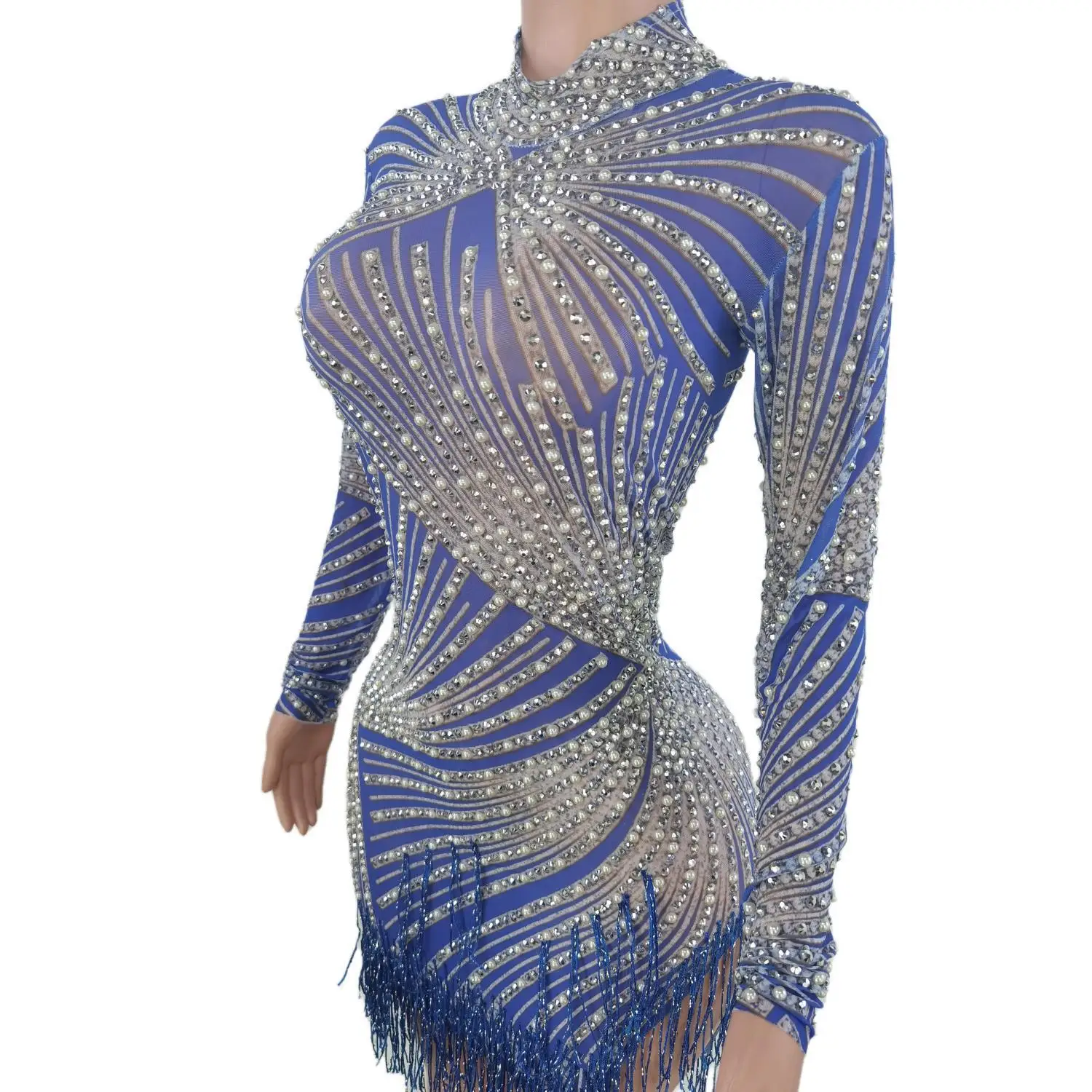 Luxus Prom Kleider für Frauen 2023 Blau Mini Rock Pailletten Strass Quaste Frauen Kleid Vestido De Manga Larga W2112014