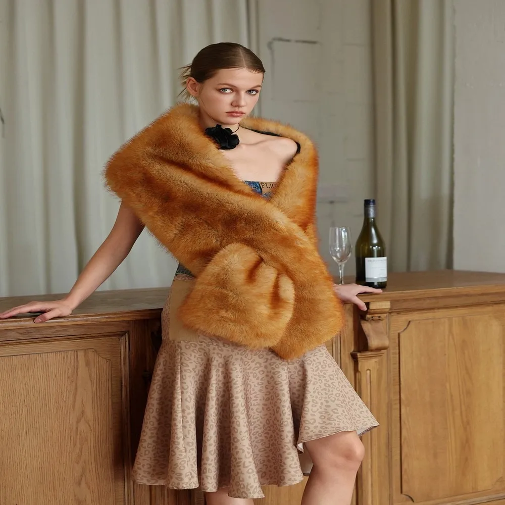 BFFUR Women Real Fox Fur Shawl Wrap Winter Warm Cape with Fur Collar for Evening Dress Long Eco-Friendly Real Fur Scarf