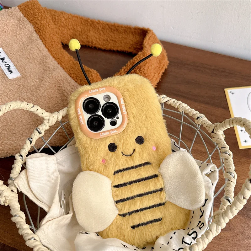 3D Cartoon Bee Lens Bracket Fluffy Fur Plush Phone Case For iPhone 17 Air 16 15 14 13 12 11 Pro Max Shockproof Protective Cover