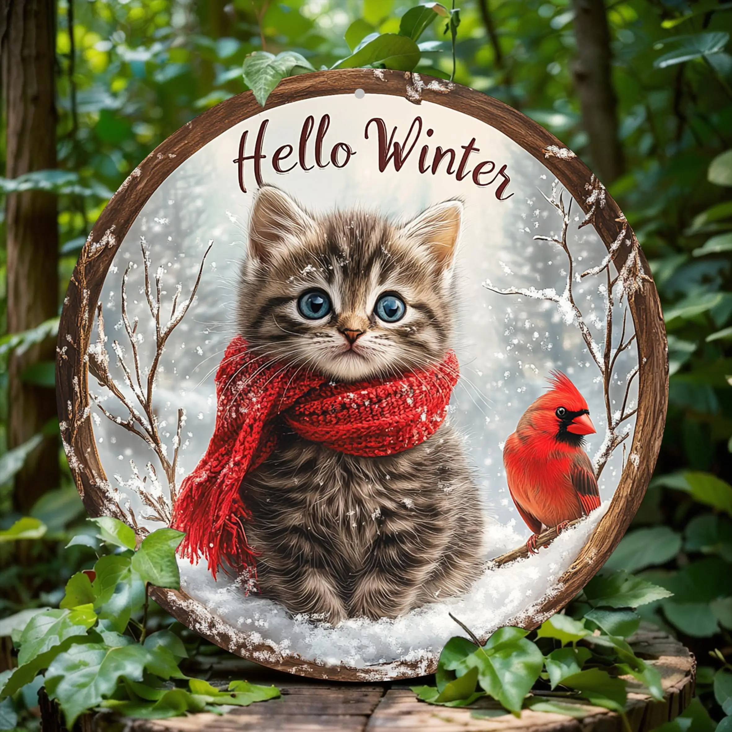 

[2D Flat] Charming Vintage Christmas Cat & Cardinal 8x8" Aluminum Sign - High-Definition, Waterproof, Weather-Resistant With Pre