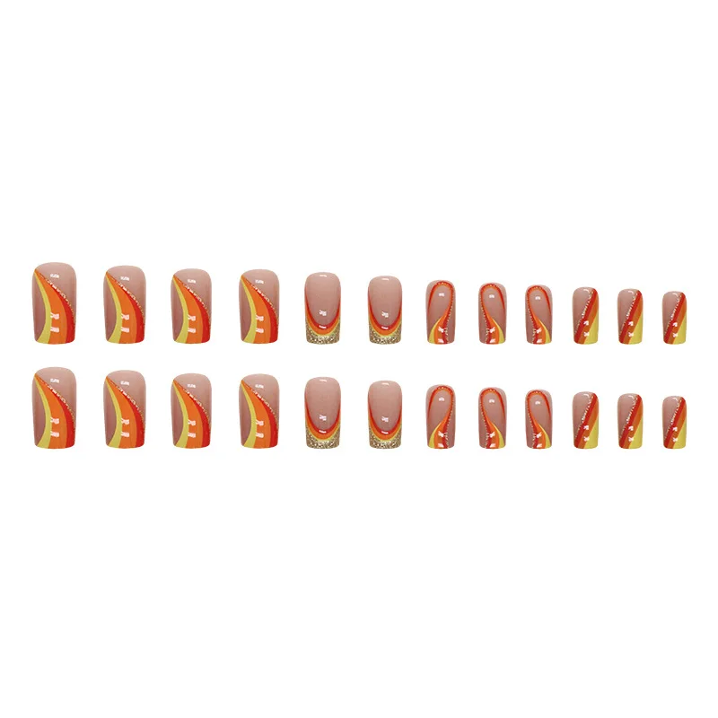 24 stuks Sunset Wave Press-On Nails - Rood/Geel/Oranje Glitter Ombré Lange Ballet Vorm Tropische Luxe Stijl