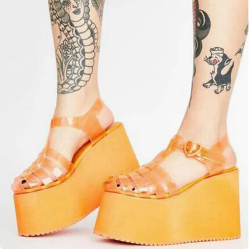 Pink Orange Lavender Transparent PVC Strappy Wedges Platform Sandals Ladies Round Toe Heart Shape Buckle Thick Sole Sandals
