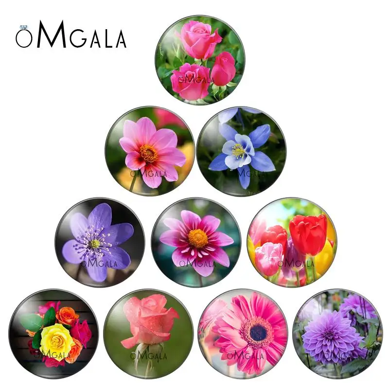 Fashion Beautiful Colorful flower rose photo flatback round glass cabochons 25mm 20mm 18mm 14mm 12mm 10mm diy jewerly findings