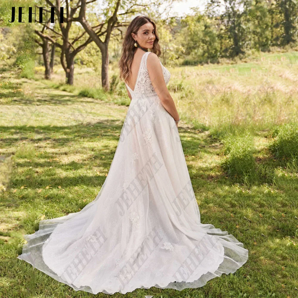 Jehath gaun pernikahan elegan gaun pengantin tanpa lengan V-Neck tanpa lengan renda Applique gaun pengantin Tulle A-Line vestidos de novia