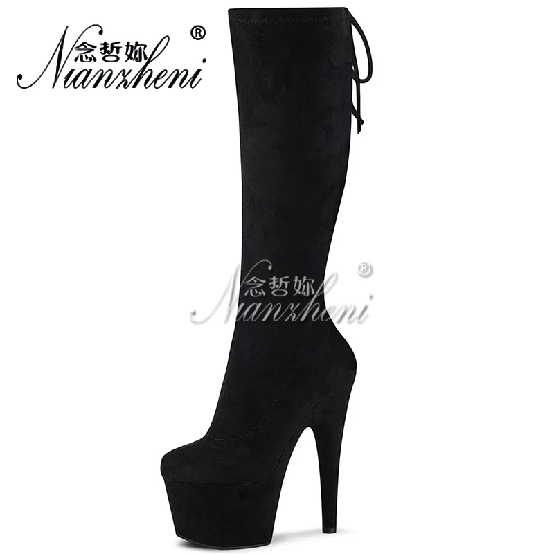 6Inch Exotic Dancer Mid-Calf 15cm Platform Knee Boots 17cm Flock Gothic Pole Dance Nightclub Sexy Fetish Women's Gothic Fashion