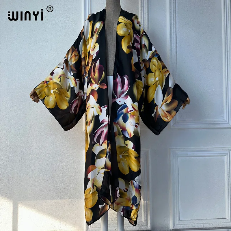 WINYI-Vestido maxi estampado com flores para mulheres, capa de quimono, roupa de verão, cardigans africanos, moda praia, luxo Dubai Abaya, 2021