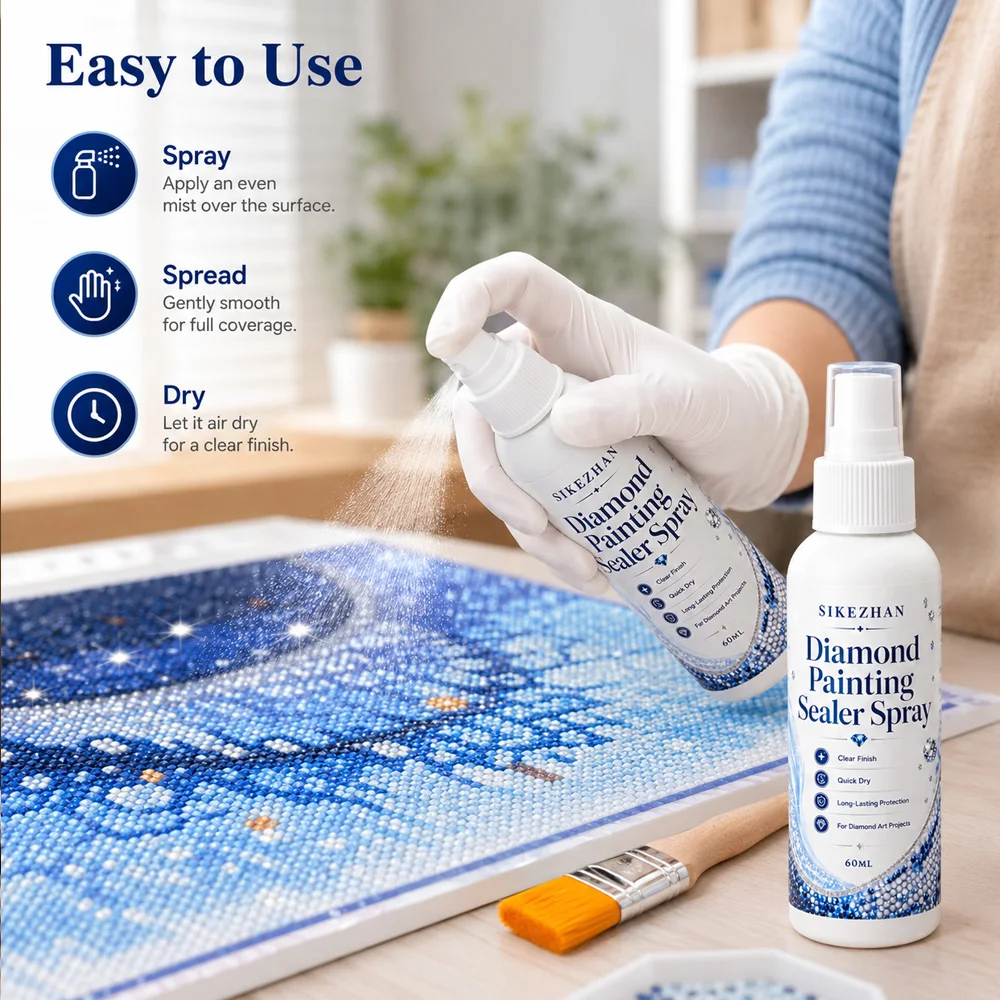 SIKEZHAN 3 Pack Diamond Painting Sealer Spray Kit with Brush and Gloves Clear Finish Quick Dry Diamond Art Craft Accessories