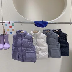 Kids Down Vest Autumn Winter Stand Collar Sleeveless Solid Warm Waistcoat Big Pockets Boys Girls Casual Coats