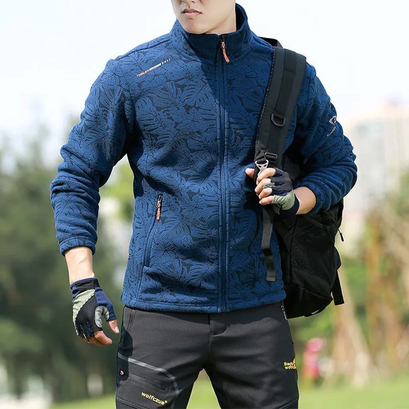 Autumn Winter New Men Polar Fleece Coats Outdoor Fashion Stand Collar Printing Pockets Zipper Thicken Warm Cardigan Jackets Tops