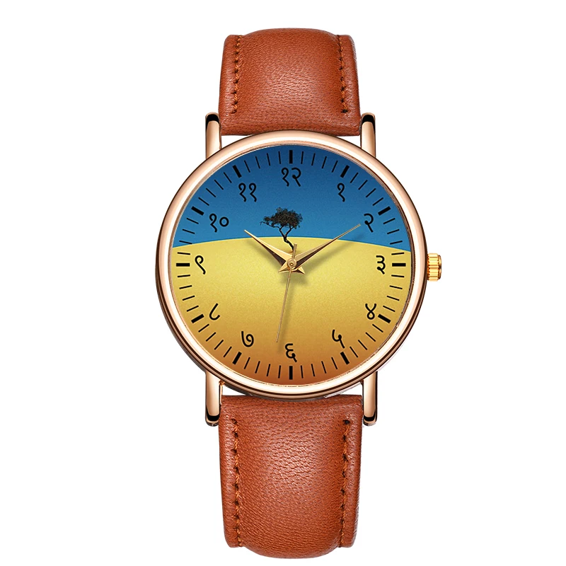 Fashion Women\'s Quartz WristWatch Blue And Yellow Tree Watch Leather Strap Wristwatch Waterproof Round Dial Female Watch