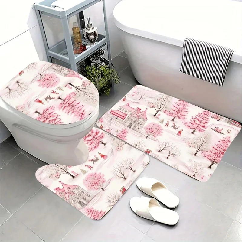 3-Piece Set: Elegant Forest Pattern, Soft Stylish Bathroom Mats - Includes Toilet Seat Cover, U-Shaped Floor Mat, and Rug -