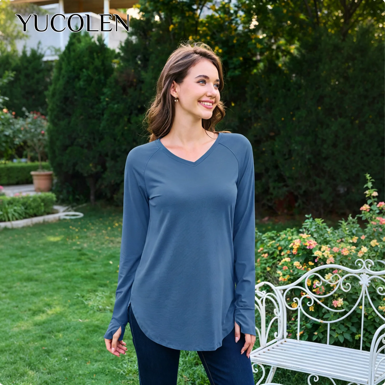 YUCOLEN Women V Neck Long Sleeve Tunic Top Raglan Sleeve Thumb Hole Curved Hem Side Slit Long Tshirt Casual Everyday Basic Blous