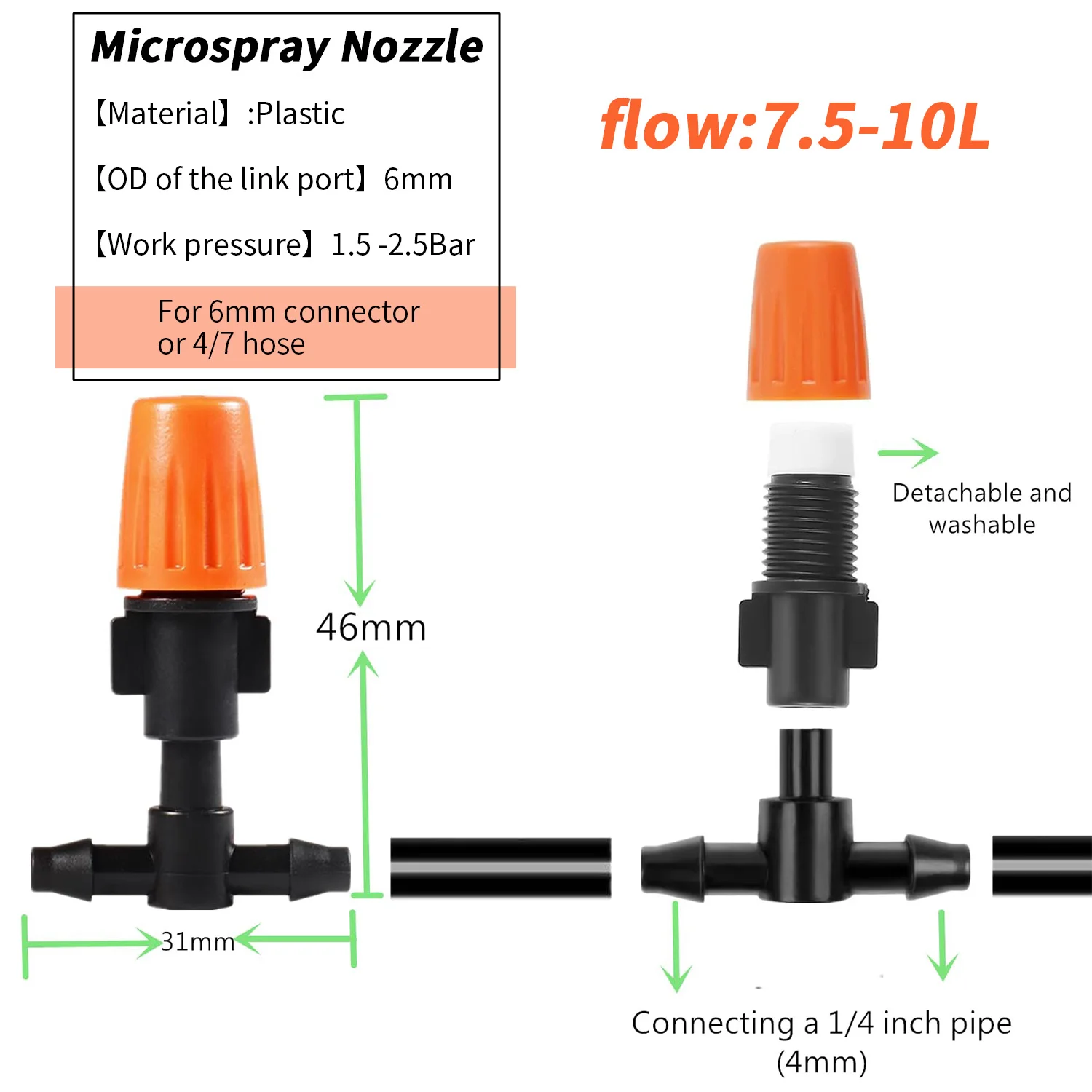 T-Type Orange Adjustable Misting Nozzle 7.5-10L/H Flow Rate With 1/4 Inch Tee Connector For 4/7mm Hose Garden Greenhouse Water
