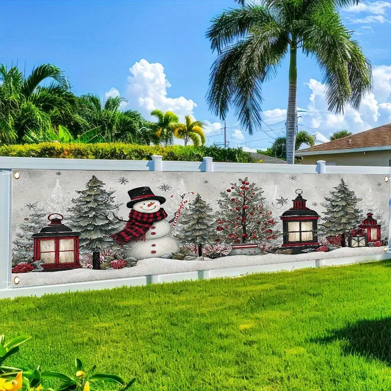 Snowman, Evergreen Tree, and Candy Decorative Banner – Large Rectangular Aesthetic Illustration Indoor Outdoor Wall Backdrop