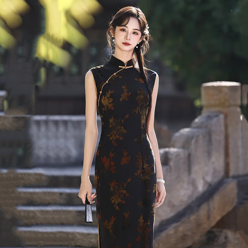 

Весенне-осеннее платье-ципао без рукавов в стиле старого Шанхая, повседневное, винтажное, в китайском стиле