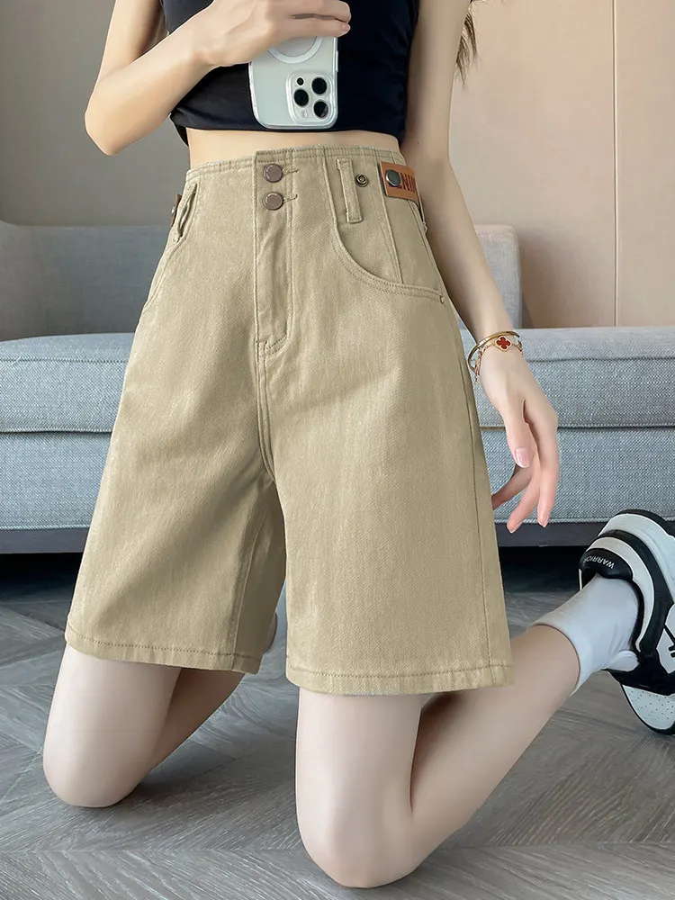 Short en jean droit pour femmes, ample, fin, double bouton, taille haute, mode, polyvalent, jambes larges, pantalon cinq quarts, été