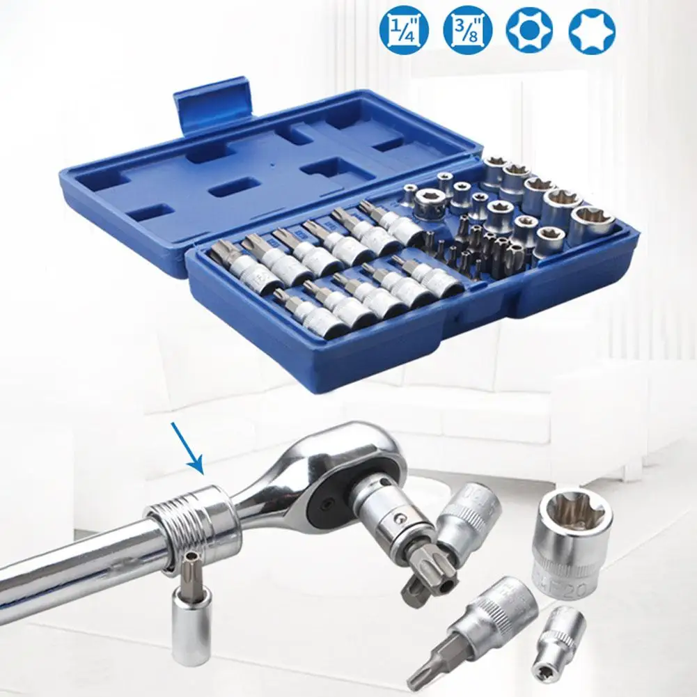 Douille Torx professionnelle 34 pièces et douille étoile e-torx 3/8 avec outil femelle 5/16Drive, ensemble e-torx, boîtier d'embouts mâles portables G1J4