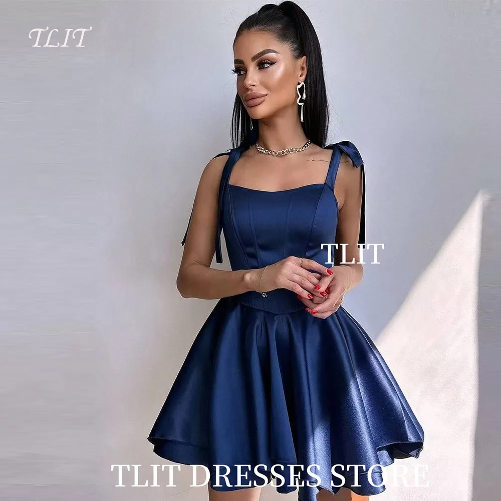 

TLIT Sexy Silk Satin Short Evening Party Dresses Arabic Women Cocktail Dresses Spaghetti Strap Bow Customized Robe de soiree