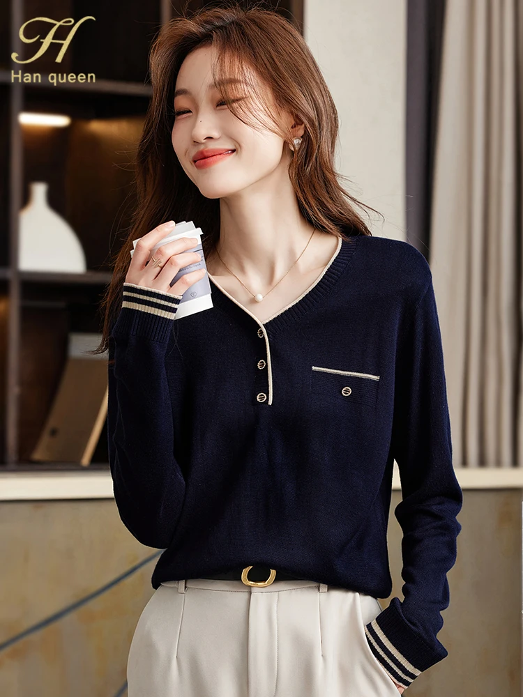 H Han Queen 2024 Autumn Winter Top New Korean Elastic Knit Pullover Sweaters Chic V-Neck Knitted Bottoming Shirt Sweater Women