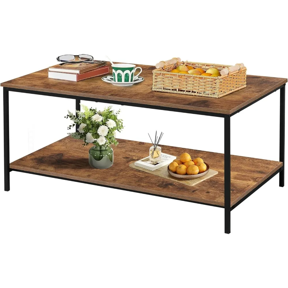 Mesa de centro de 2 niveles con estante de almacenamiento para espacios de estar, madera rectangular marrón y mesa lateral de Metal resistente