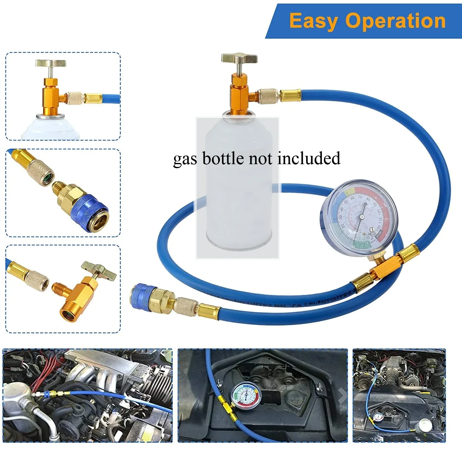 59'' Air-conditioning AC R134A Refrigerant Recharge Hose Kit with Gauge,R134A Can Tap Quick Couple,R410A Straight Swivel Adapter