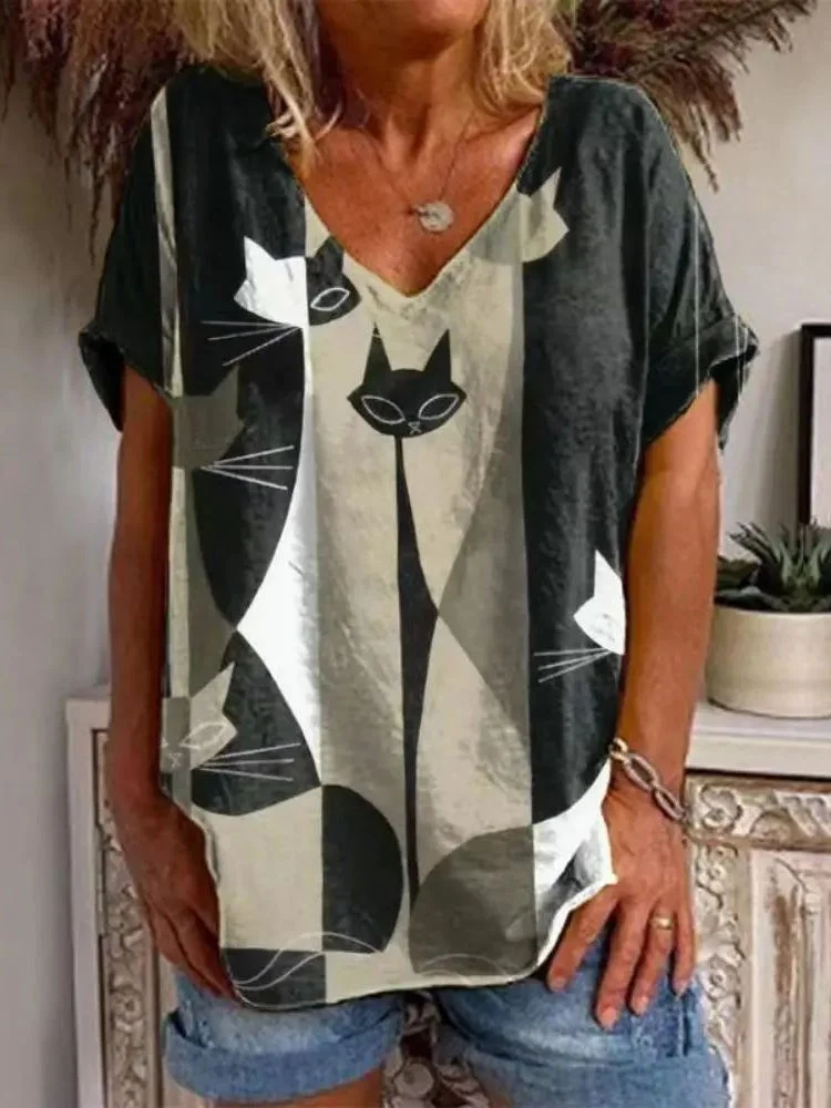 

Women's Printed V-ne ort Sve irt Street Sle Loose Fit Polyester Casual Top for Young Women in Their 20s