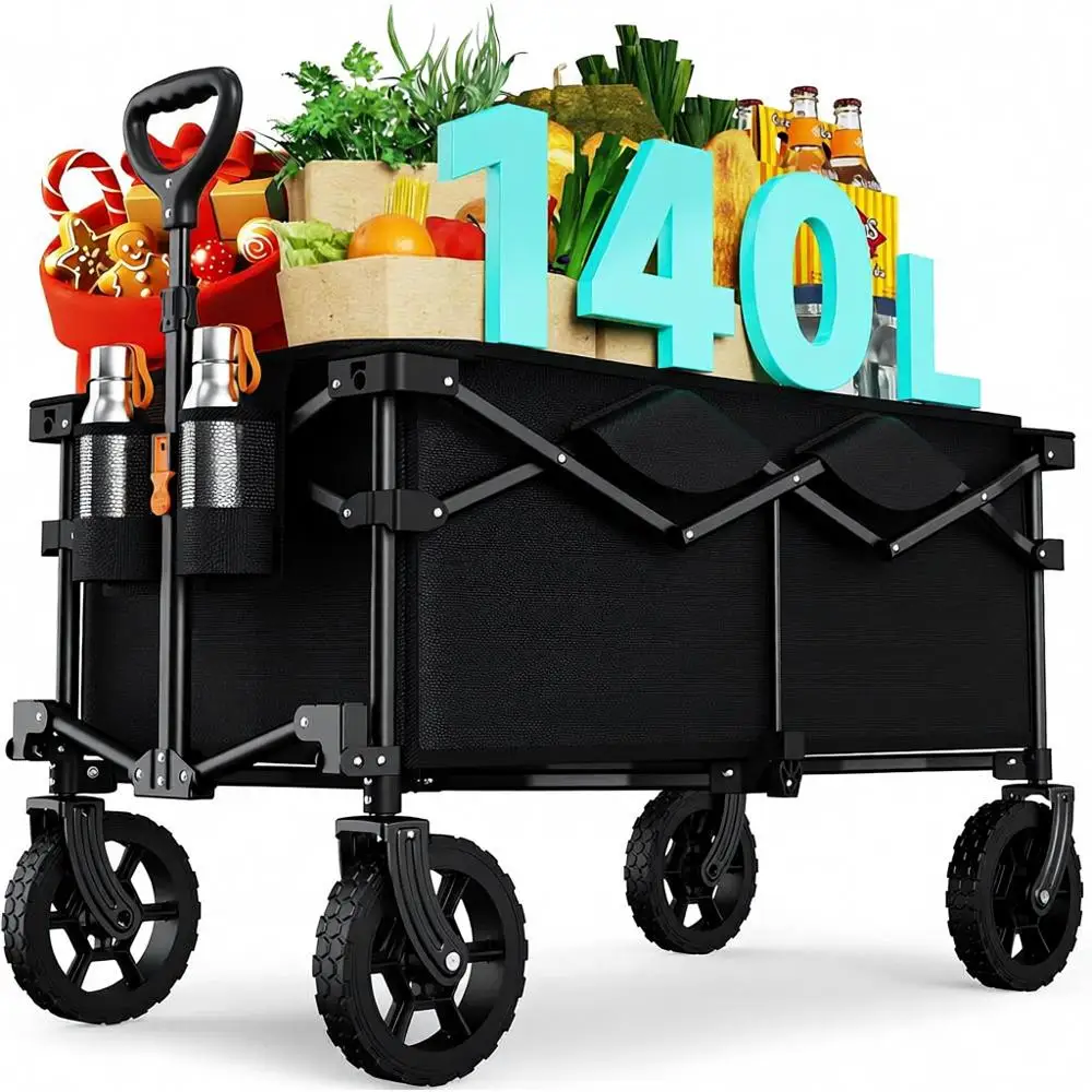 

Collapsible Folding Wagon, Large Capacity, Silent All-Terrain Wheels, Utility Grocery Cart, Camping Shopping Outdoor, Black