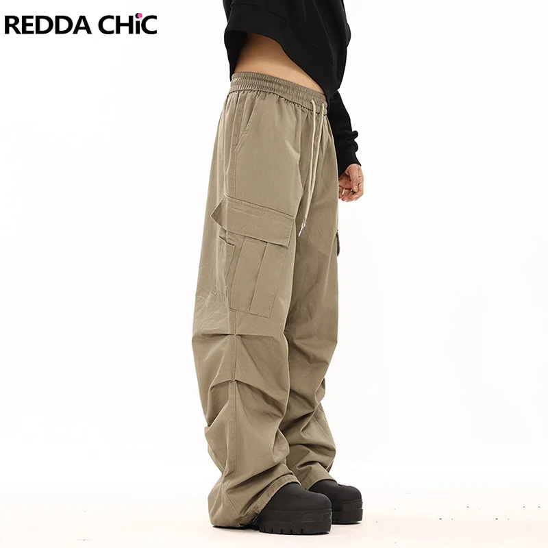 REDDACHIC Big Pockets Pleated Cargo Pants Men Skater Drawstring Waist Wide Leg Casual Parachute Pants Vintage Hiphop Streetwear