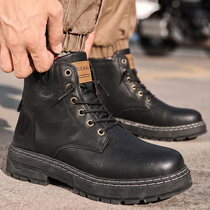 Herren High-Top Freizeitstiefel aus Kunstleder mit Schnürung, dicker rutschfester Blocksohle und genähten Details für den täglichen Einsatz in der Stadt. – Detail 5