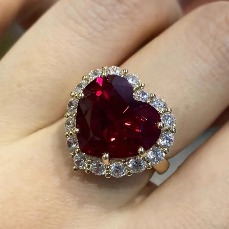Cross-Border European and American Fashion Female with Hearts Peach Heart Ruby Ring Female Adjustable Opening High Sense Tempera