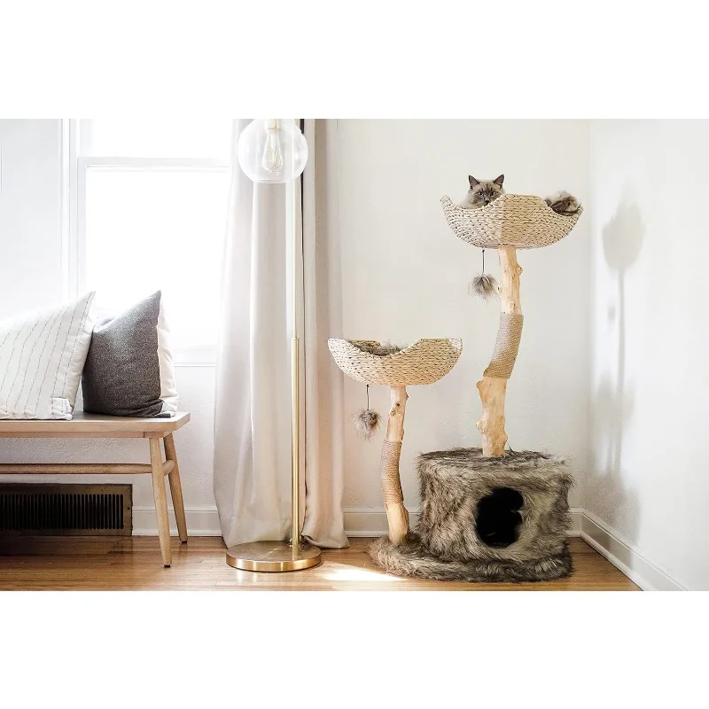 MAU Modern Cat Tree Tower for Large , Real Branch Luxury Wood Tower, Scratching Tree,  Condo