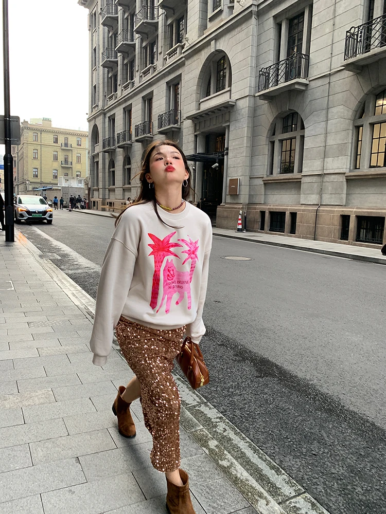 Women's Thickened Fleece Hoodie round Neck Oversize Sweatshirt Korean Style Commute Fashion Organic Cotton Long Sleeve Print