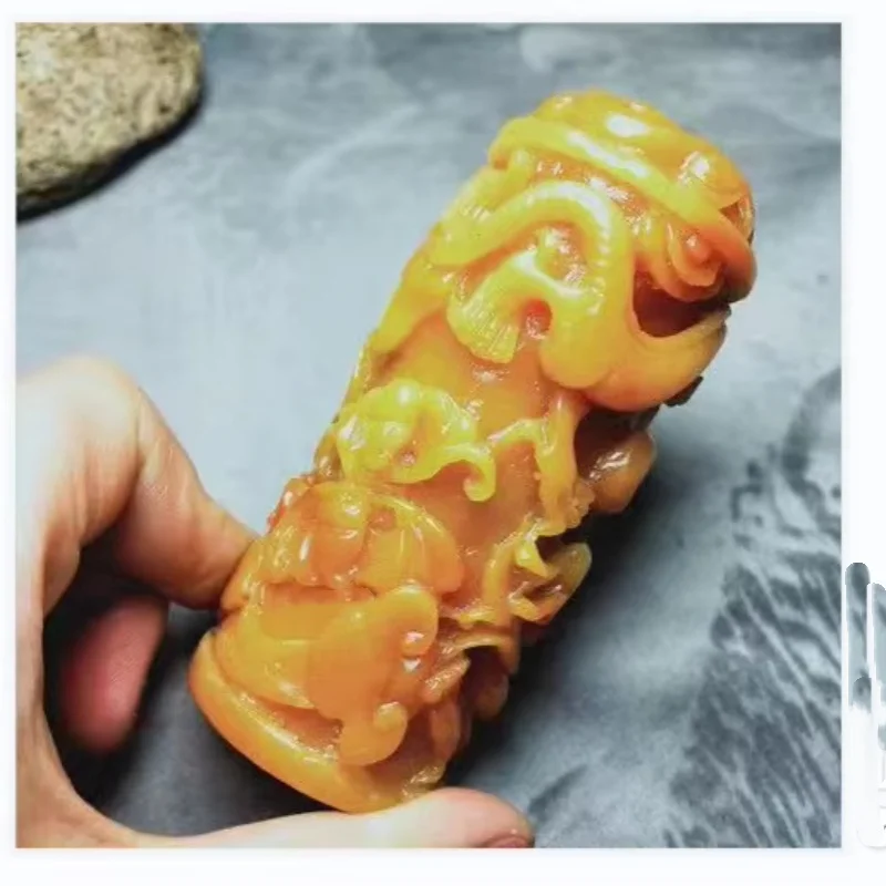 Chinese Antique Huanglong Jade Carving with Landscape Pattern Waist Tag Statue