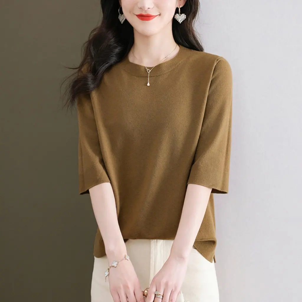 Women's Western Style Loose Slimming Three-Quarter Sleeve Sweater round Neck Half Sleeve Top Early Spring Undershirt