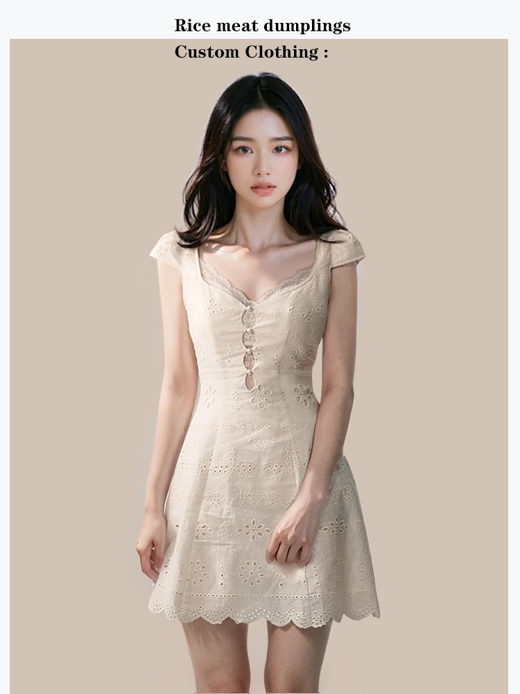 

Summer Lace Splice Slim Fit Dress Women's High Waist Soft Cotton V-Neck Short Sleeve A-Line Skirt Cream White Casual Dress