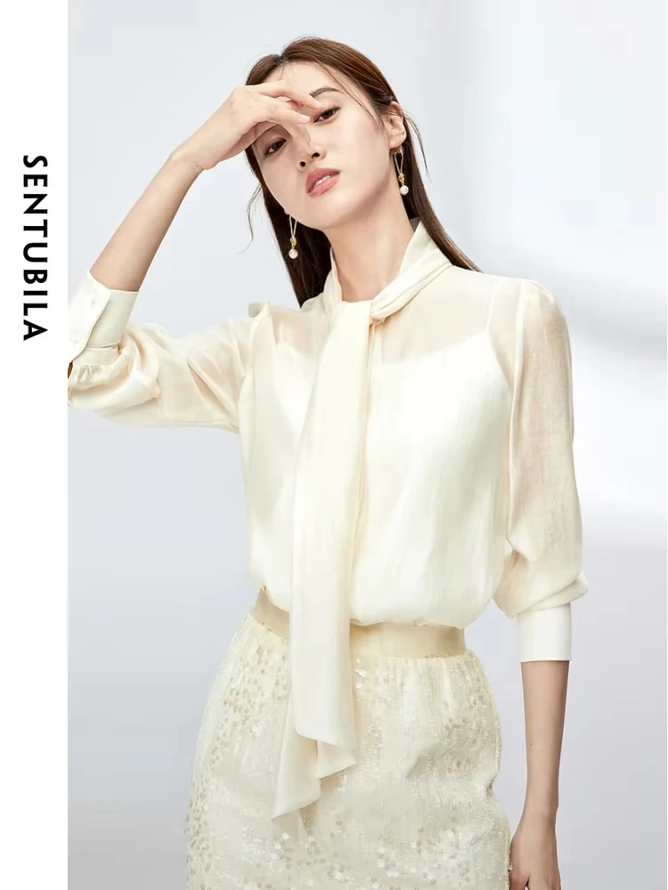 SENTUBILA Elegant Bow Tie Neck Long Sleeve Blouse Shirt for Women 2024 Office Lady Fashion Womens Lyocell Blend Tops and Blouse