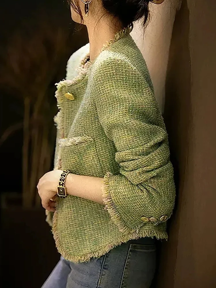 Zoki Chic Tassel Green Tweed Jackets Women Elegant Long Sleeve Korean Casual Short Coat Fashion High Quality Sweet Outwear Tops