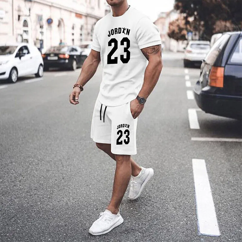 Black Men\'s Summer Mesh Hip-Hop Basketball T-Shirt 23 Printed Men Suits Leisure Sportswear Streetwear Shorts + Tops 2-Piece Set