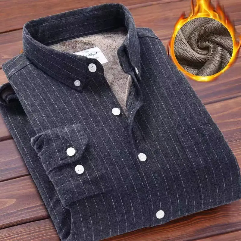 Men's Fleece-lined Thickened Stripe Long Sleeve Shirt  Warm Lapel Business Casual Fashion Cotton Shirt Jacket Button Down Top