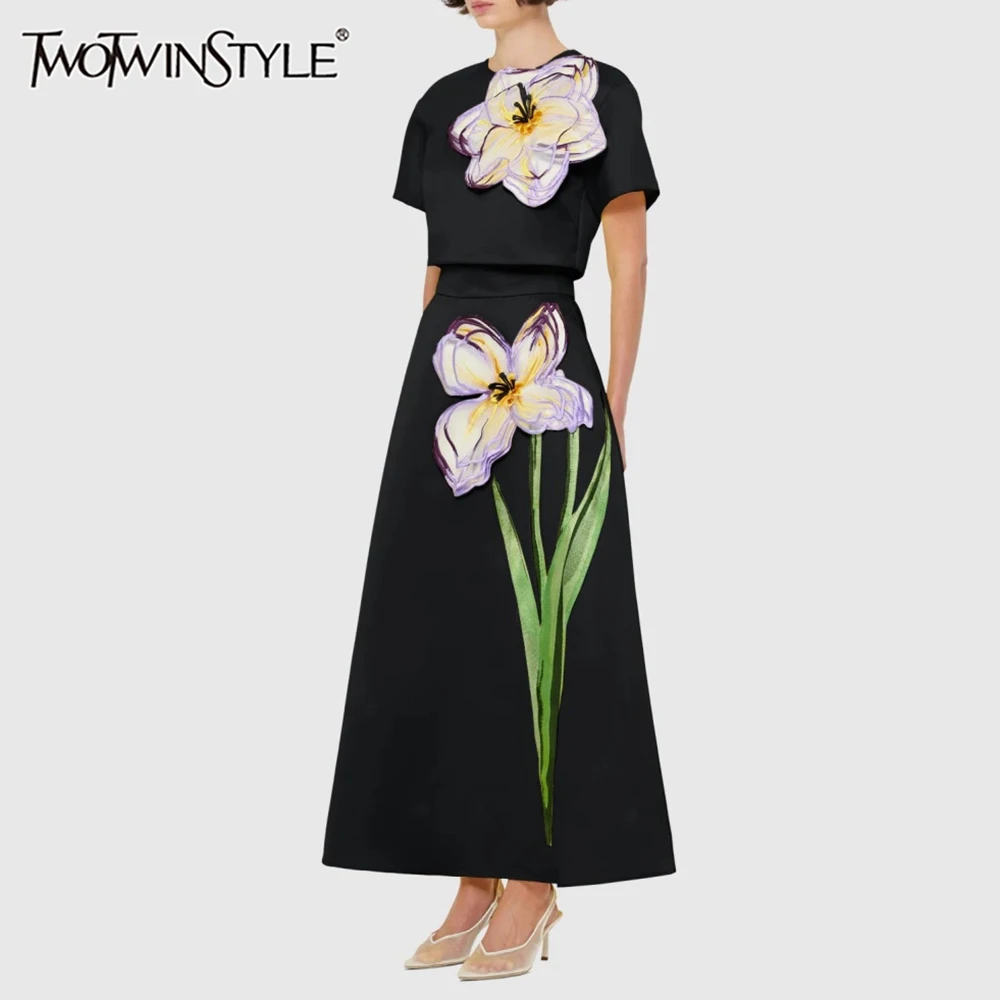 

TWOTWINSTYLE Утягивающие комплекты из двух предметов с 3D цветком для женщин, топ с круглым вырезом и короткими рукавами, длинная юбка с высокой талией, женский комплект