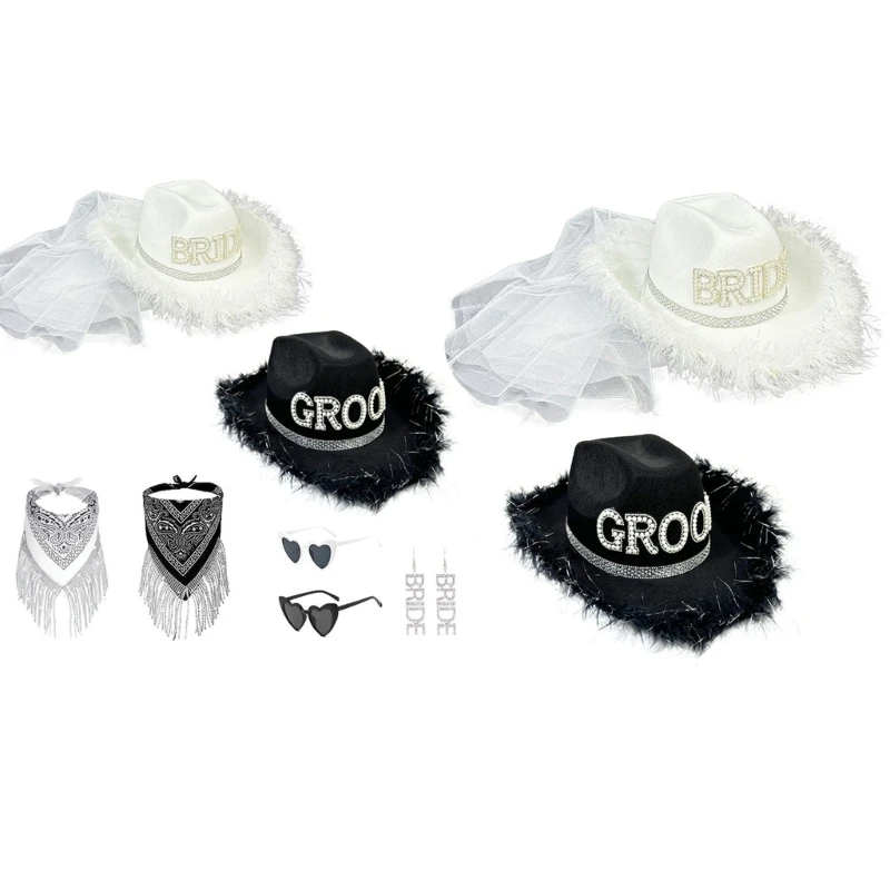 Jeweled Bride Hat Bandana Sunglasses Earrings Set for Wedding Bachelorette Party Drop Shipping