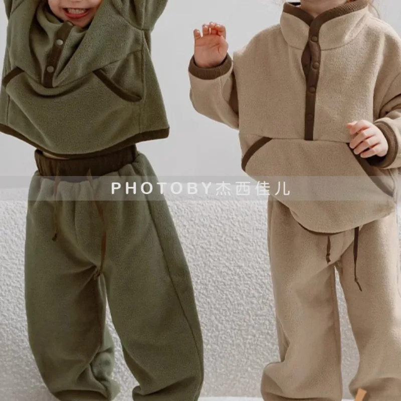 

2025 Winter New Children Plus Velvet Thick Clothes Set Boys Girls Fleece Sweatshirt + Wide Leg Pants 2pcs Suit Kids Warm Outfits