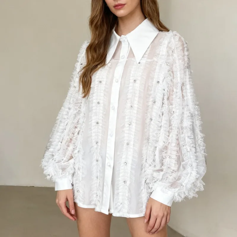 

Beautyblue сетчатая рубашка для женщин, модные блузки с лацканами, новинка 2025, свободный уровень, блестящие пуговицы, длинные рукава, элегантные женские вечерние топы