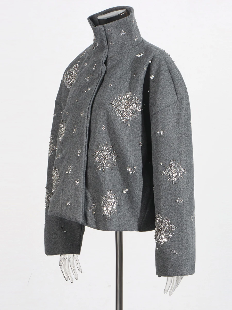 CHICEVER Gray Color Spliced Diamonds Jackets for Women Stand Collar Long Sleeve Patchwork Zipper Loose Wool Coats Female Clothes